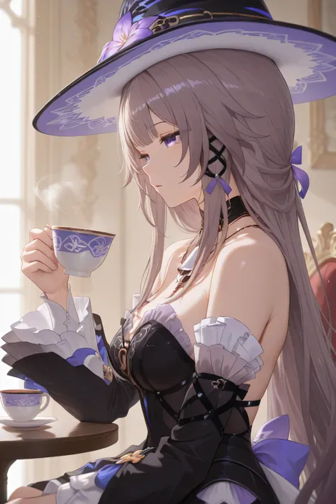 the herta honkai star rail, medium breast, view from side, sitting, full clothes, wearing hat, head tilt, drinking tea, clueless face, white cup of tea