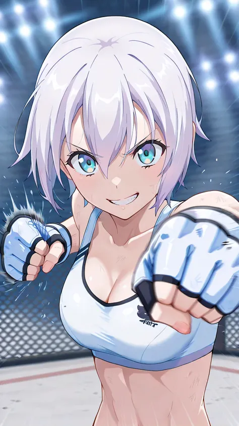 lisanna strauss, short hair, blue eyes, hair between eyes, white hair,, solo, Detailed eyes, white sports bra, black sports very short spats, white fingerless gloves, thigh, cleavage, slim body, medium breast, serious grin, looking at viewer, Detailed eyes...