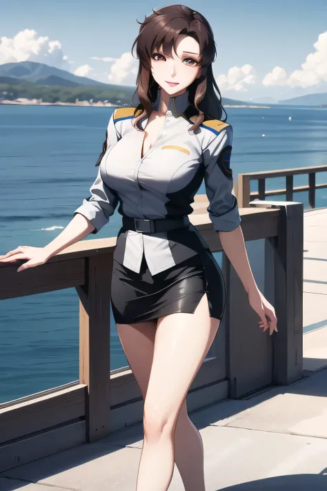 Can you draw her standing on the deck of a large cruiser fluttering in the wind，Ocean Voyage，cruiser，Clear Skies，I need a face，Please draw with a gentle smile，Accurate representation of hands and legs，High Heels，  black leather micro mini skirt ， wearing m...
