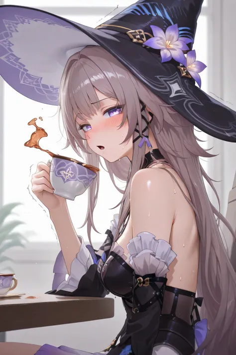 the herta honkai star rail, medium breast, view from side, sitting, full clothes, wearing hat, head tilt, drinking tea, clueless face, white cup of tea, looking at viewer, blushing, shy, sweat on face, shaking, hand shaking, tea spilling, half open mouth 