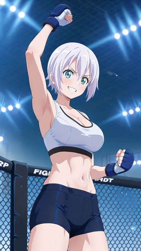 lisanna strauss, short hair, blue eyes, hair between eyes, white hair,, solo, Detailed eyes, white sports bra, black sports very short spats, white fingerless gloves, thigh, cleavage, slim body, medium breast, serious grin, looking at viewer, Detailed eyes...