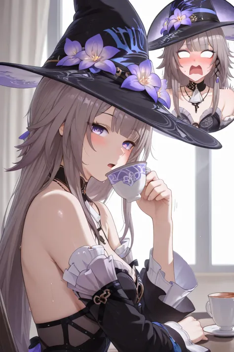 the herta honkai star rail, medium breast, shocked expression, blank eyes, view from side, sitting, full clothes, wearing hat, head tilt, drinking tea, clueless face, white cup of tea, looking at viewer, blushing, shy, sweat on face, shaking, hand shaking,...