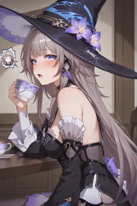 the herta honkai star rail, medium breast, shocked reaction, blank eyes, view from side, sitting, full clothes, wearing hat, head tilt, drinking tea, clueless face, white cup of tea, looking at viewer, blushing, shy, sweat on face, shaking, hand shaking, h...