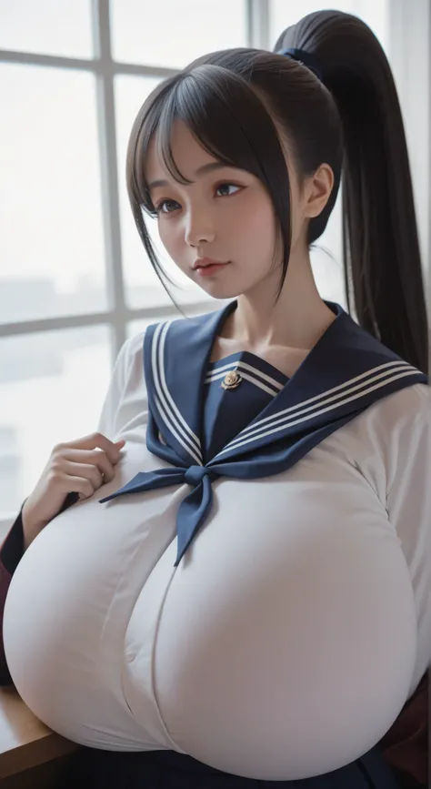 a Japanese woman who looks like an idol ,long hair ,Straight Hair, round face , Cute baby face, bust up , sailor suit , LIKE THE PICTURES , high school, ((extremely large, impossibly large breasts:24.95)), ((( Obscene and Glamorous Perfect Body ))), (((p...
