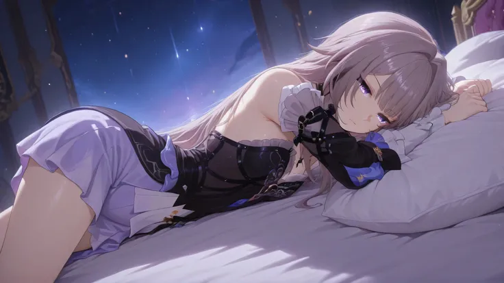 the herta honkai star rail, lying on bed sideways, view from side, no emotion expression, dynamic pose, dynamic angle, purple big bed, above, arms up, holding pillow, amazing lighting in the side
