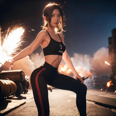 (masterpiece),best quality,amazing quality,beautiful face,((perfect assets)), (masterpiece), best quality, expressive eyes, perfect face, reze, short hair, black hair, abs, Kazakhstan girl, knife holster, leggings training track long pants, simple bra, mar...