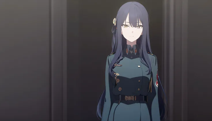 masterpiece, best quality, solo, 1woman, mature, dark blue hair, long hair, marigold eye, medium breast, dark green japan military uniform, standing, looking at viewer, elegant, cold gaze, slight smile, black background only