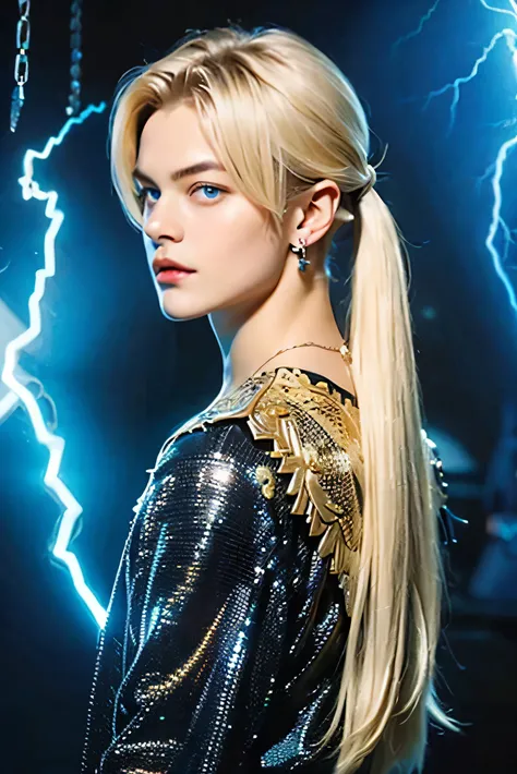 golden irises(（（very long straight blonde with low ponytails))Beautiful blond young man with blond hair and very big hanging eyes((big golden hanging eyes))very white, smooth skin and cheeks((Flashy and Luxurious Fantasy Outfit))A man with smooth skin and ...