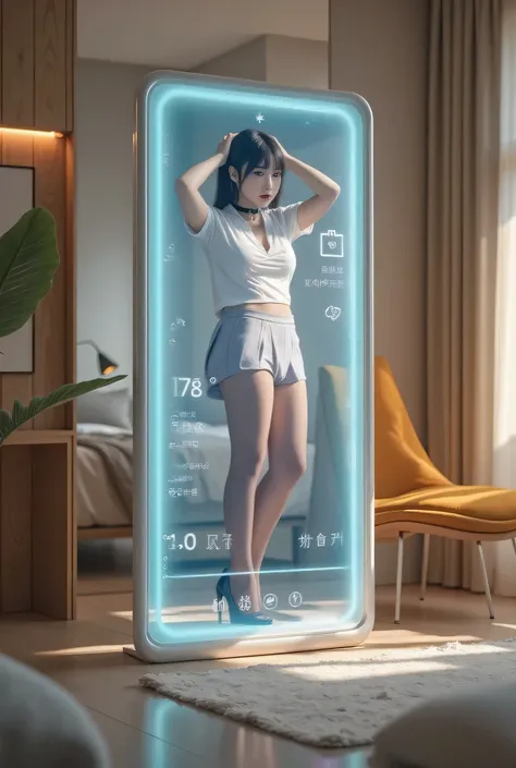 smart mirror to monitor your health、鏡に英語でデータをexpressする、full body:2、full body像:2、Formal Wear、Straight Short Hair、Big Breasts、bungs、 Hair、black choker、Corporate uniform、in a short-sleeved white shirt、navy blue miniskirt、black pantyhose、black high heels、鏡にスライ...