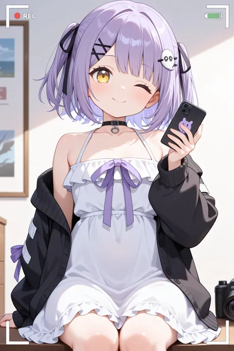 (best quality,amazing quality,very aesthetic,absurdres,newest,4k,8k), shinomiya runa, 1girl, virtual youtuber, purple hair, two side up, short hair, yellow eyes, hair ribbon, black ribbon,hair ornament, hairclip, black choker, white dress, frilled dress, f...