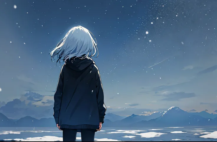 A girl is staring at the sky in the distance、alone、long black hair、gray luggage jacket、Check the muffler、 shorts、black leggings、Boots、 low angle、From the back、 dark 、Snow Scene、heavy snow、diamond dust、Snow Country、dawn、top quality、 masterpiece、 Clouds 、sad...