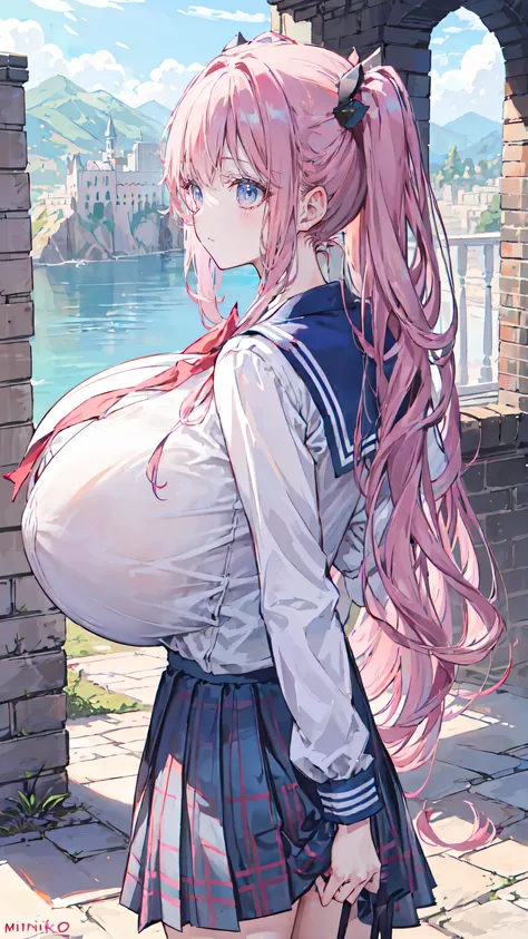 ((Beautifully shaped gigantic breasts)),((side view,from side,)),((upper body)),((miniskirt school uniform),,standing,,,,Scenery inside the castle,,twin tails,