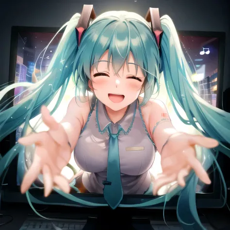 incoming hug, through screen, monitor, 1girl, breasts, hatsune miku, face to viewer, arms wide open:1.5, passionate singing, eyes closed, bursting joyful smile, dynamic pose, expressive gesture, hair flowing, many musical notes swirling:1.3, upper body, ni...