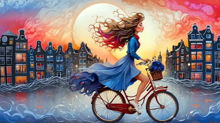 Fashion illustration, illustration, surreal fantasy, beautiful girl with long wavy hair, casual clothes, riding a bicycle in Amsterdam, brass color palette Cal key, red , sapphire, cornflower blue, sunset, volumetric lights, acrylic, fashion illustration.