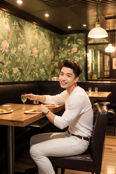 young man sitting casually on an orange tufted leather sofa in a cozy, warmly lit restaurant interior. He is wearing a maroon sports jersey with white sleeves and blue jeans, holding a smartphone in his right hand and smiling gently. The background include...