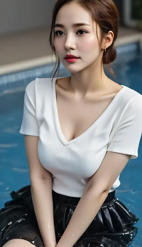 a beautiful woman, sitting strapping in the pool, body facing the camera, wearing a transparent white short-sleeved slimfit t-shirt, long skirt to toe pleated model black, big J-cup, bibir merah, tubuh basah, rambut basah, wajah menggoda