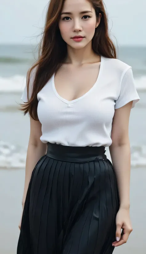 a beautiful woman, standing on the beach as the rain drizzles, body facing the camera, wearing a transparent white short-sleeved slimfit t-shirt, long skirt to toe pleated model black, big J-cup, bibir merah, tubuh basah, rambut basah, wajah menggoda