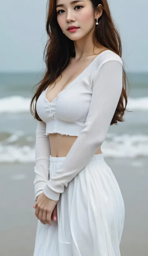a beautiful woman, standing on the beach as the rain drizzles, body facing the camera, use transparent white long sleeve wet t-shirt, long legging skirt to toe pleated model white color, big J-cup, bibir merah, tubuh basah, rambut basah, wajah menggo...