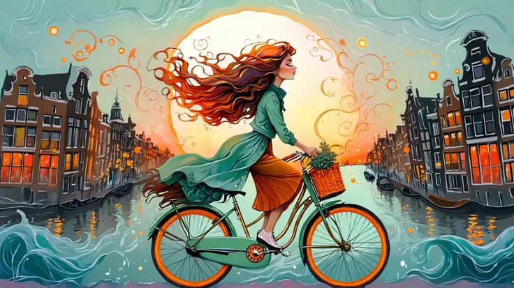 Fashion illustration, illustration, surreal fantasy, beautiful girl with long wavy hair, casual clothes, riding a mint bicycle in Amsterdam, brass color palette: Persian Green, Saffron, Deep Saffron, Mandarin, Fire Opal, sunset, volumetric lights, acrylic,...
