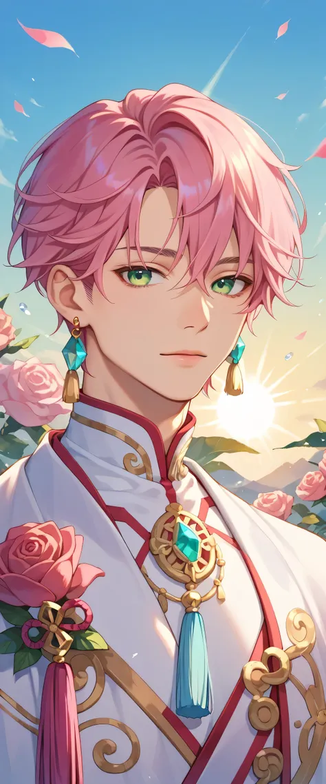 masterpiece, Male focus, 1 boy, solitary, pink hair, tassel earrings, tassel, jewelry, earrings, floral, under the sun, green eyes, short hair, crystal, Upper Body, Colorful hair,Pearlescent Rose,Personal,The eyes are depicted in great detail