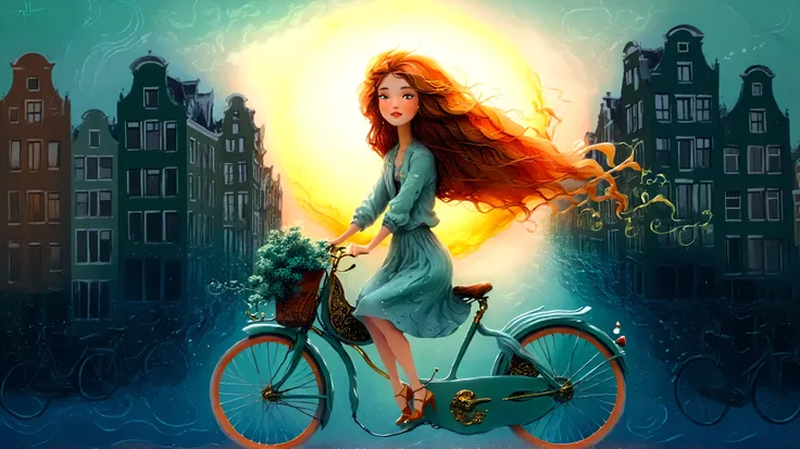 Fashion illustration, illustration, surreal fantasy, beautiful girl with long wavy hair, casual clothes, riding a mint bicycle in Amsterdam, brass color palette: Persian Green, Saffron, Deep Saffron, Mandarin, Fire Opal, sunset, volumetric lights, acrylic,...