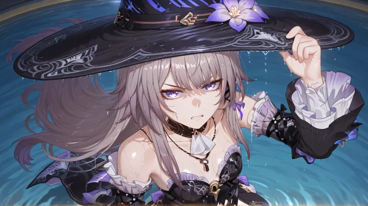 the herta honkai star rail, looks really angry, wet hair, holding wet hat down, wet clothes, smells stinky, dynamic angle, view from above, dirty stinky lake in the side