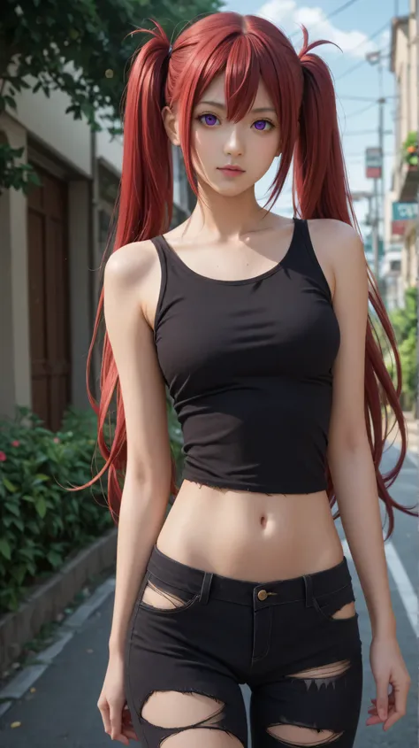 1girl, solo,noyamano ringo,scarlet hair,very long hair,outdoors,potrait,medium breast,purple eyes,wear black tanktop,twintails, navel,(torn clothes:1.4),starry nihghtbackground, road