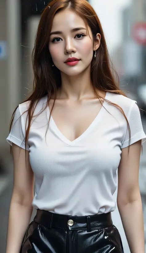 a beautiful woman, walking in the city as the rain drizzles, body facing the camera, shirt looks full body, use transparent white long sleeve wet t-shirt, celana kain pendek, big J-cup, bibir merah, tubuh basah, rambut basah, wajah menggoda
