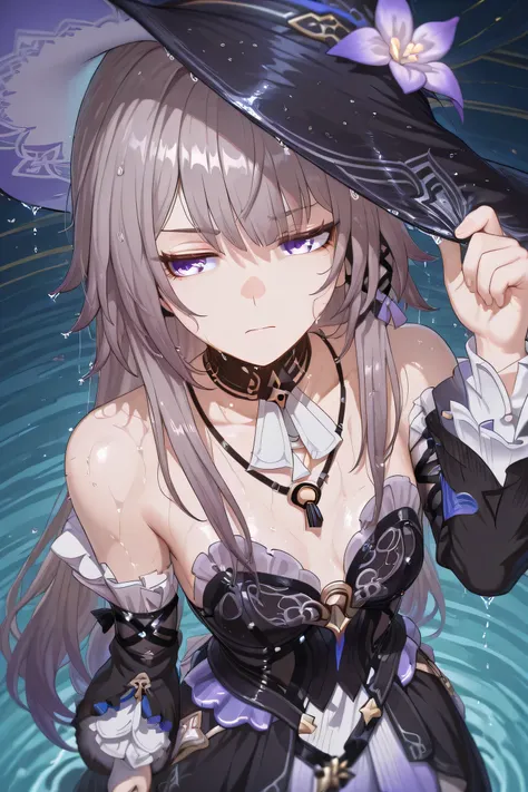 the herta honkai star rail, looks really disappointed, wet hair, holding wet hat down, wet clothes, smells stinky, dynamic angle, view from above, dirty stinky lake in the side