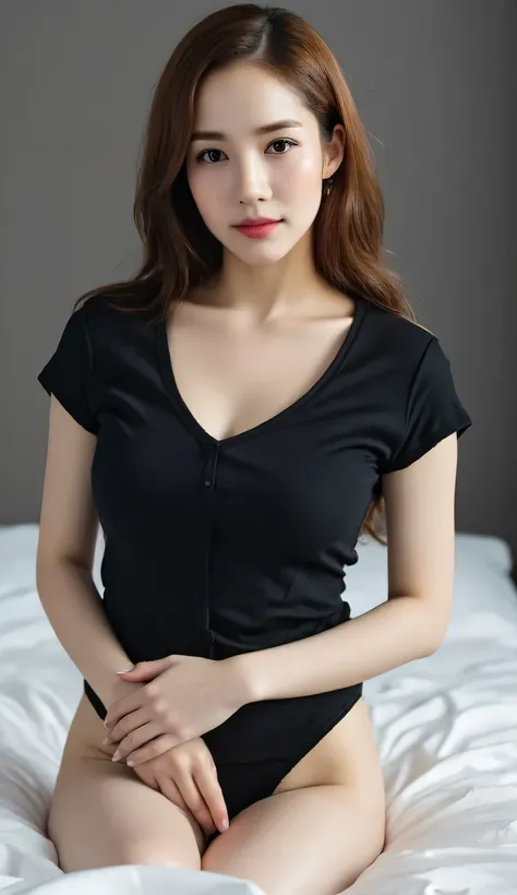 a beautiful woman, Stomach On The Mattress, both arms hold the body, shirt looks full body, body facing front, use a black V-neck t-shirt, payudara besar, visible cleavage, red lips, bentuk tubuh ideal, tubuh basah, pakaian basah