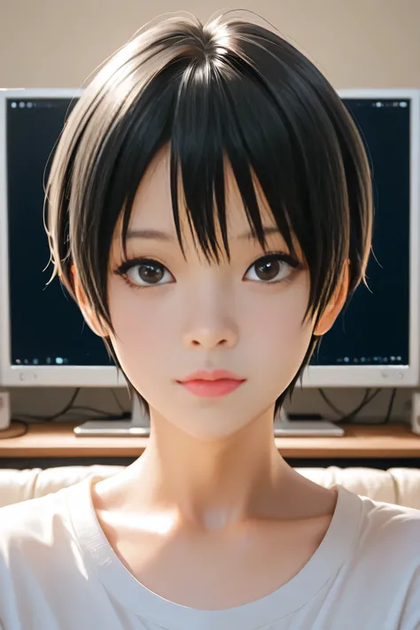 Best Quality, ultra detailed, Photo realstic,
(tom boy), black hair, slim, come out the monitor screen,