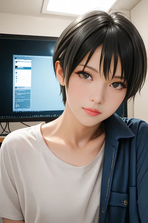 Best Quality, ultra detailed, Photo realstic,
(tom boy), black hair, slim, come out from the monitor screen,