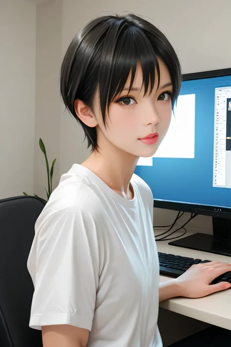 Best Quality, ultra detailed, Photo realstic,
(tom boy), black hair, slim, come out from the monitor screen,
