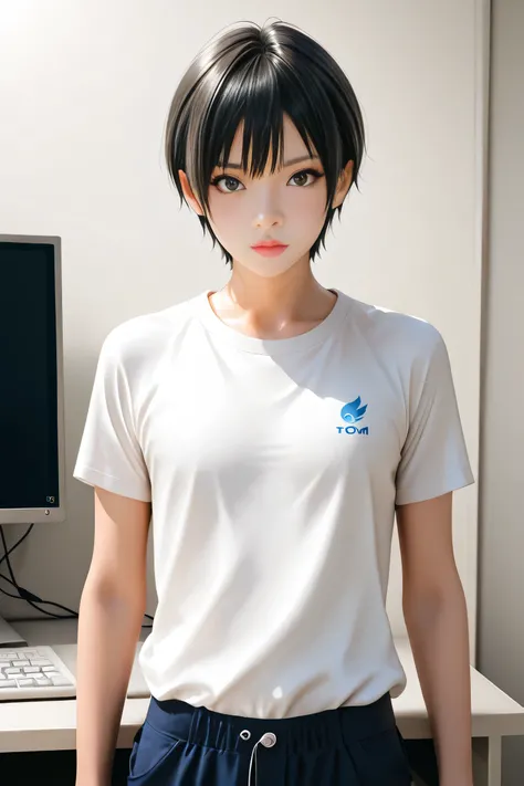 Best Quality, ultra detailed, Photo realstic,
(tom boy), black hair, slim, come out the monitor screen,