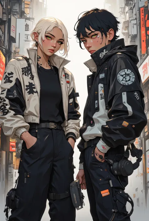 Premium Female and male Portrait,high quality,ultra-high definition,4K,Realistic,major,finely drawn,Blond Elf woman,black hair elf man, Stunning,Hook the soul's eyes, green pupil woman, brown pupil man, both Fit,Street Style ,black short hair,Hands in pock...