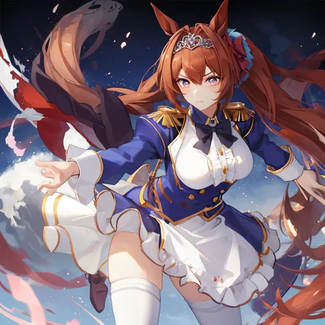((masterpiece, Highest Quality)), 1 girl,daiwa scarlet,daiwa scarlet(Racing Clothing),horse ears,Horse Girl,brown hair,length_hair, twin tails,red_eye,torn pupils  ,tiara,  very_length_hair,epaulette,hair_ intakes ,length_sleeve, to thigh, underbust,center...