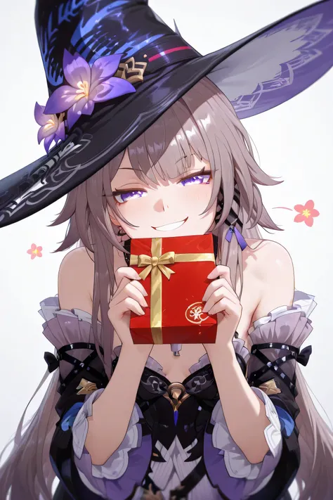the herta honkai star rail, happy, smiling, holding a gift wrapped in red color, bent over, her face closing up to viewer, smug, wearing hat