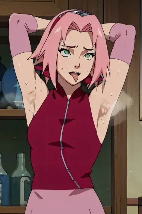 Sakura Haruno,human woman with fair skin.with green eyes and red clothing. Her hair is long and pink in color; She is beautiful. Fair skin.Tsundere face. Pink eye shading,mature appearance,armpits,sweat,sweaty,sweaty armpits,arms up,showing armpits,awesome...