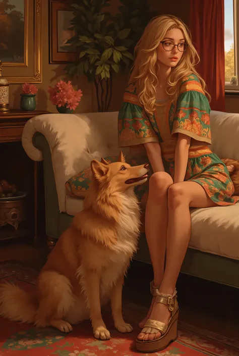 ((Highest Quality、masterpiece、high sensitivity、high resolution、detailed depiction、rushing home、Fvalue:6.0),((Slender Woman、wearing glasses)),ethnic pattern dress、platform sandals、sitting on the sofa、Next to it is a Borzoi、