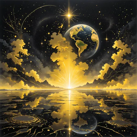 A large expanse of water in space, with images of beautiful earth  reflected in it.rearistic,yellow water