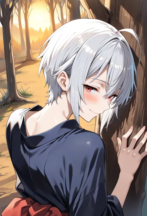 score_9, score_8_up, score_7_up, source_anime, masterpiece, ((femboy)), ((feminine male)), ((Ahoge)), ((White very-short hair)), red eyes, dark blue yukata, skinny body, seductive smile, blush, ((close mouth)), BREAK (((in forest))), sunset, leaning on tre...