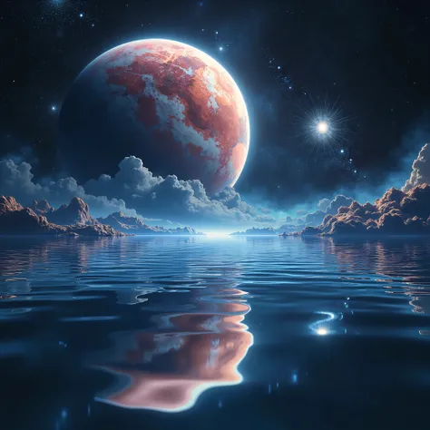 A large expanse of water in space, with images of beautiful   reflected in it.rearistic,wave water,ultra clear colors , Mystical and fantastical, various colors,gradation