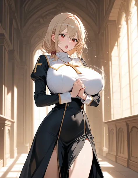 score_9, score_8_up, longlegs_v0.22_pony, BREAK, holy temple, solo, (1 skinny priest praying), (praying hands under breasts), (bouncing huge breasts), (perky breasts), BREAK, narrow waist, skinny legs, black robe, long skirt, {orgasm}, erectile nipples, (p...