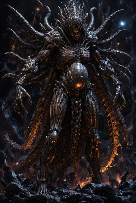 An awe-inspiring yet terrifying cosmic entity stands before the ruins of a black hole she just annihilated—this is Soltrissa, the pregnant goddess of recursive rebirth. Her tall, shadow-toned body radiates divine dread, carved with glowing scars from count...