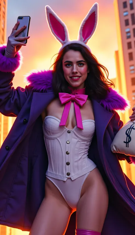 Margaret Qualley as White Rabbit, mischievous energetic supervillain, bunny ears, caught mid-action, daring heist, glowing futuristic cityscape, form-fitting white corset-style leotard, pink bow tie, purple fur-trimmed gloves, boots, dark purple coat, tous...