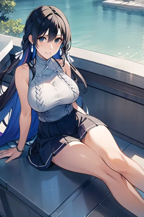 can you face me and draw a woman with a nice smile,I'm drawing a delicate expression,,resting on the lakeside of a lake。I'm drawing her expression more delicately,Faces are very important,can you draw a sleeveless dark blue micro mini skirt,Big Breastsでもウエ...