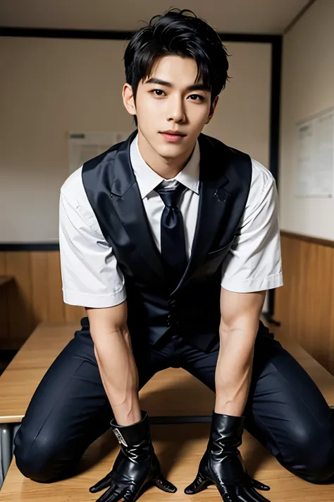 a slim muscular, Full body shot of a handsome K-pop male idol is wearing a leather school uniform with a tie and leather gloves. lie down lean on in classroom desk. tempting.sexy.try to rape.realistic high quality .intricate detail face , ultra high res, u...