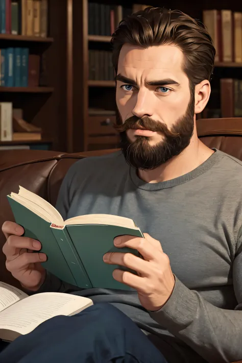 homem, barba, lendo um livro, cinematic, detalhado, realista,
