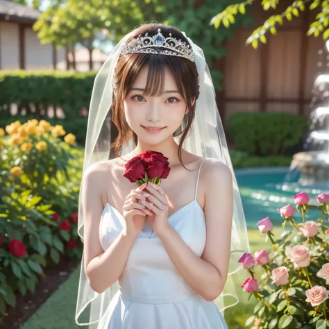 (masterpiece,best quality: 1.4),
(8k,raw photo,photo realistic:1.2),shiny skin, detailed skin,detailed face,detailed eyes,Japanese idol,beautiful face. The garden of the wedding hall. Flower garden and fountain. Summer sunlight. A beautiful girl. She is a ...