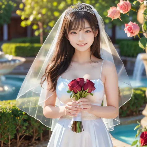 (masterpiece,best quality: 1.4),
(8k,raw photo,photo realistic:1.2),shiny skin, detailed skin,detailed face,detailed eyes,Japanese idol,beautiful face. The garden of the wedding hall. Flower garden and fountain. Summer sunlight. A beautiful girl. She is a ...